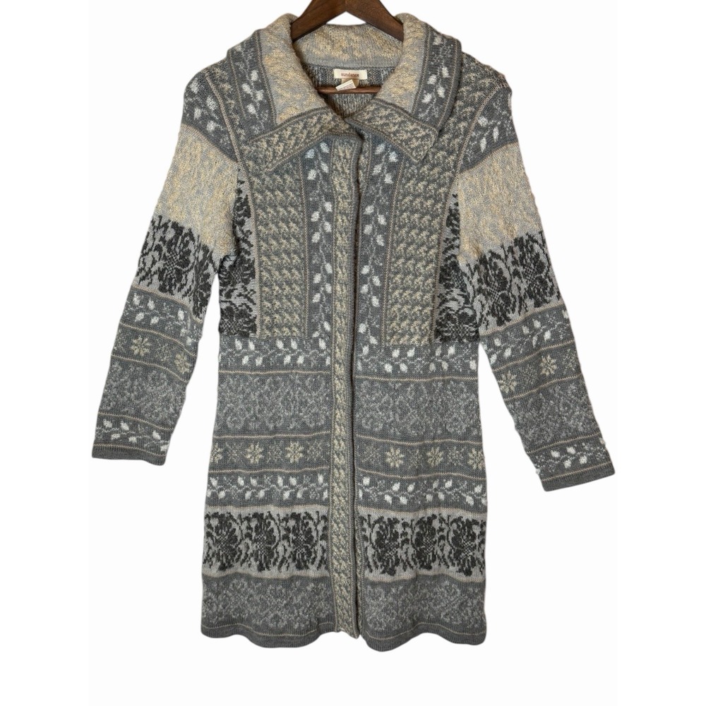 Sundance Cardigan Womens PXS Gray Wool Blend Fair Isle Knit Long Sweater Coat